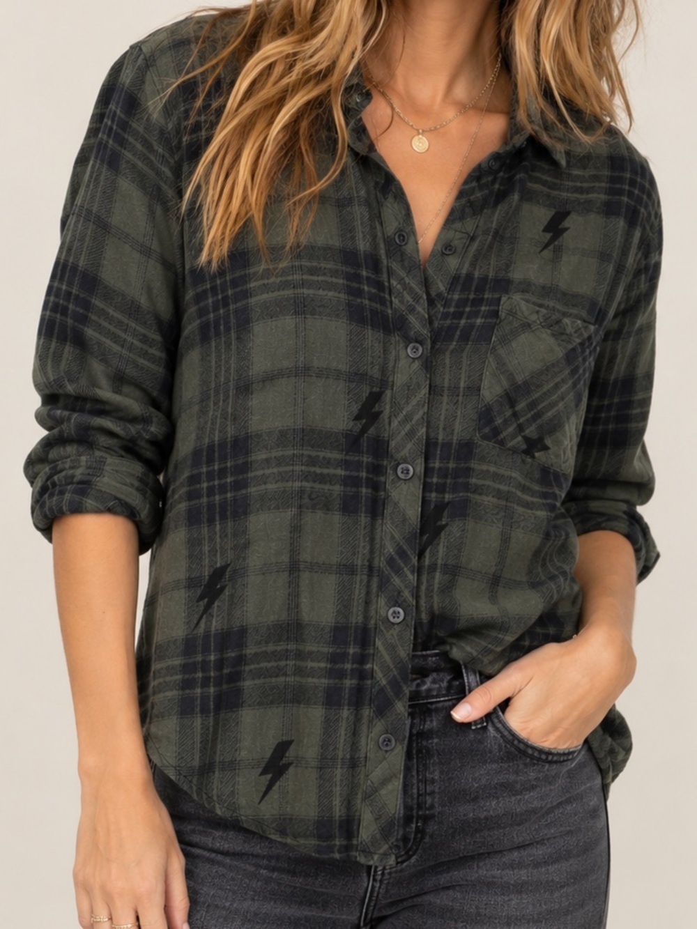 Rails Green Black Plaid Lightning Bolt Button Down Shirt Size Medium